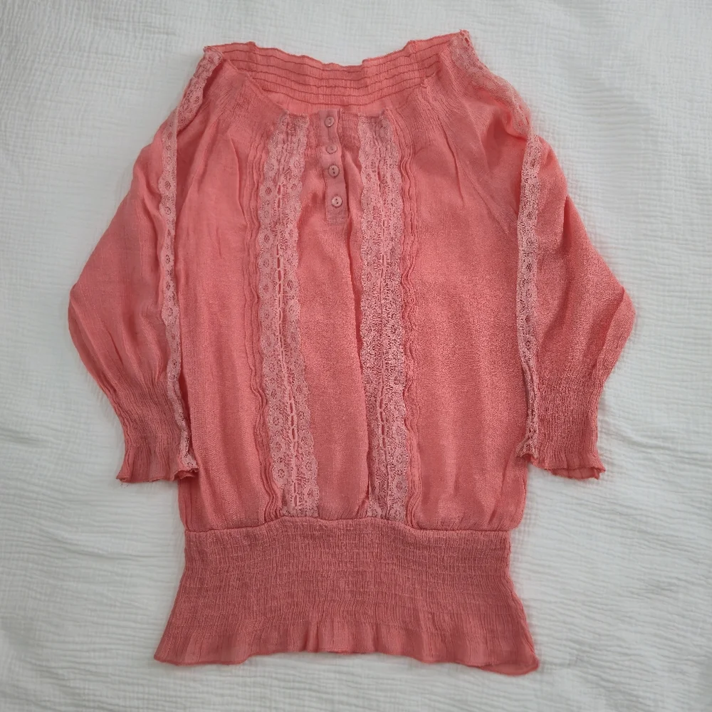 Fairycore Peasant Top Coral Pink Lace Detail, Sheer Flowy